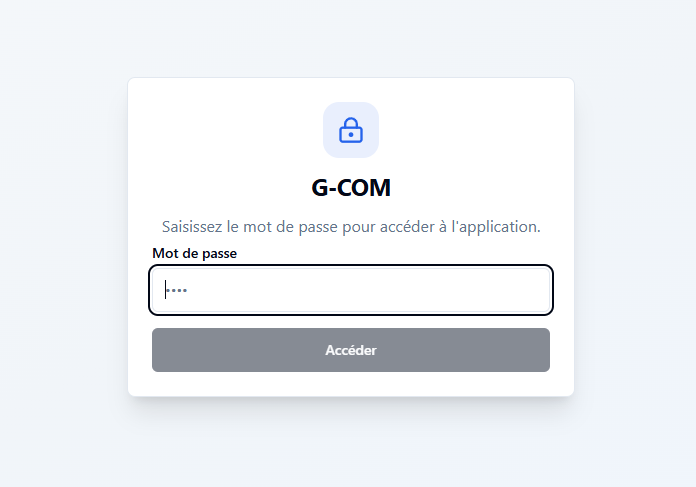 Ecran de mot de passe G-COM avec le code par défaut 2026