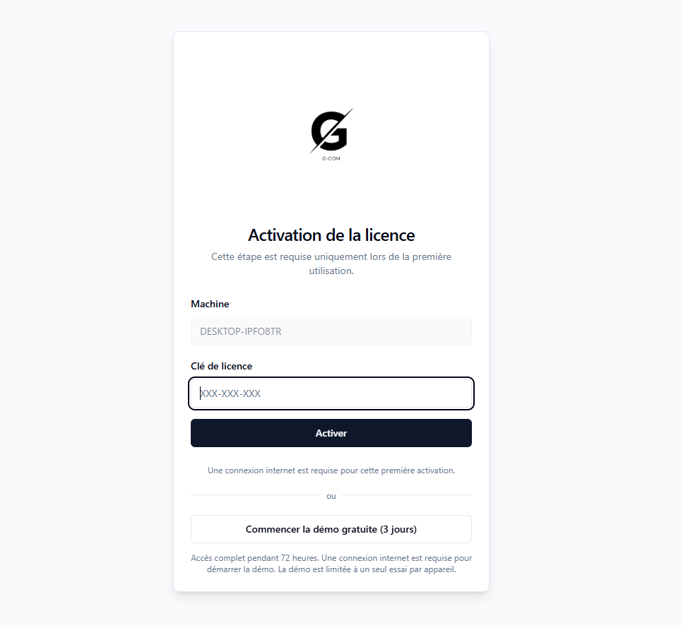 Ecran d'activation de la démo gratuite G-COM