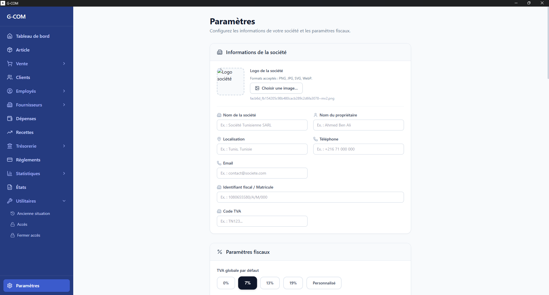 Section Paramètres de G-COM pour les informations société, caisse et banque