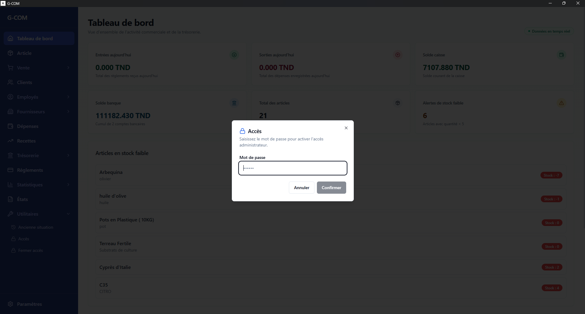 Menu Utilitaires Accès de G-COM pour afficher les boutons modifier et supprimer
